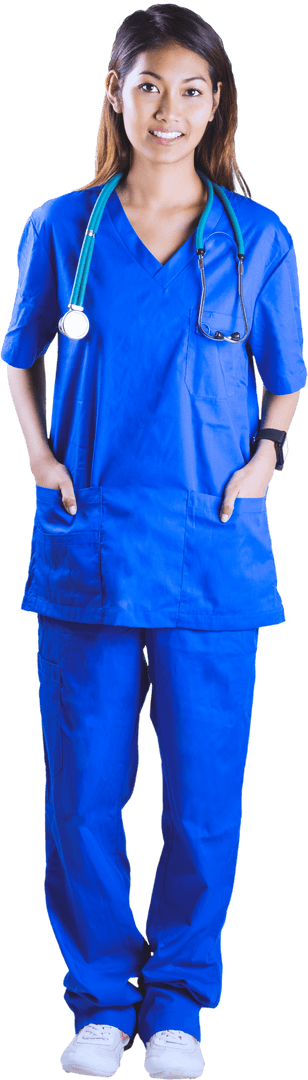 Transparent Smiling Asian Nurse in Blue Scrubs with Stethoscope