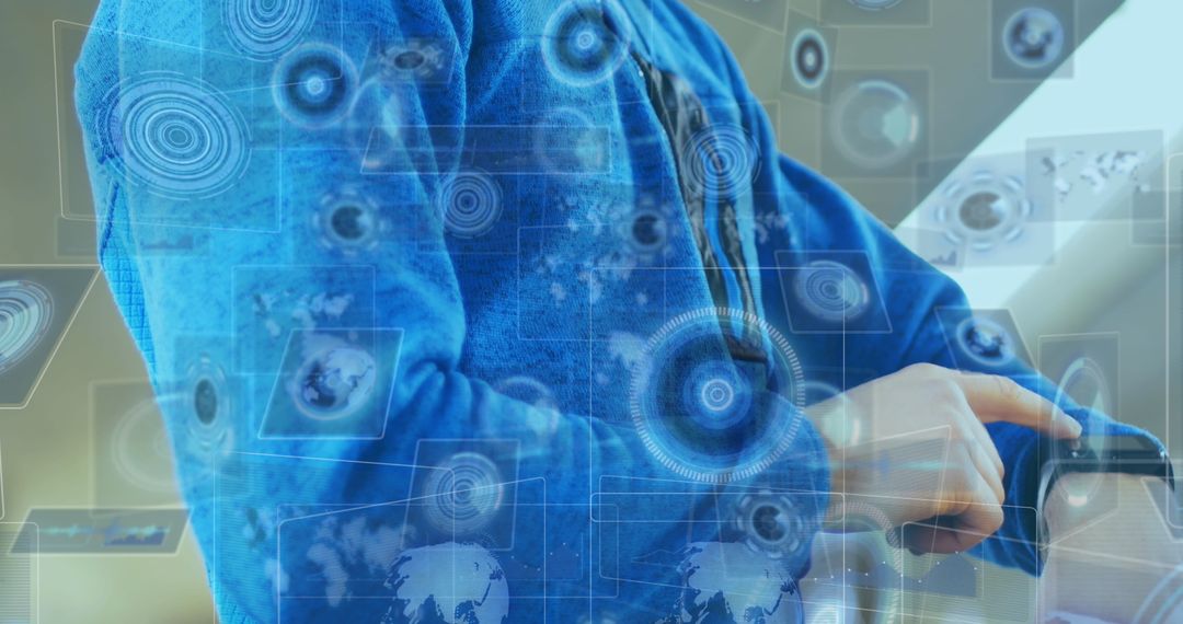 Man in Blue Jacket Checking Smartwatch Amid Digital Interface