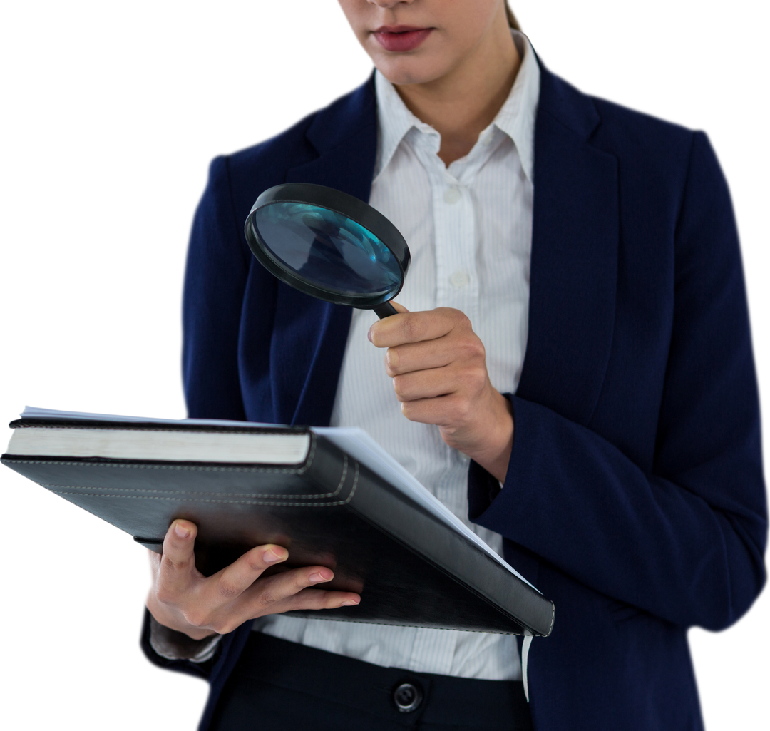 Transparent Businesswoman Analyzing Document with Magnifying Glass - Download Free Stock Images Pikwizard.com