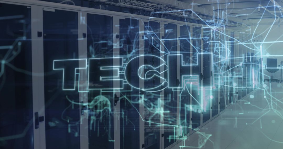 Data Center Server Room with Glowing TECH Overlay