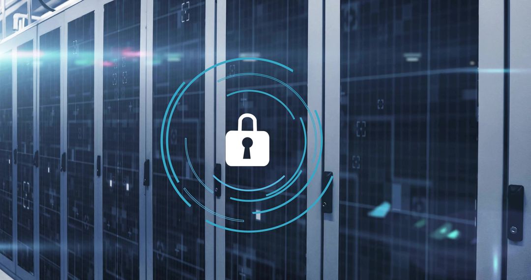 Cybersecurity Concept with Lock Icon in Data Center