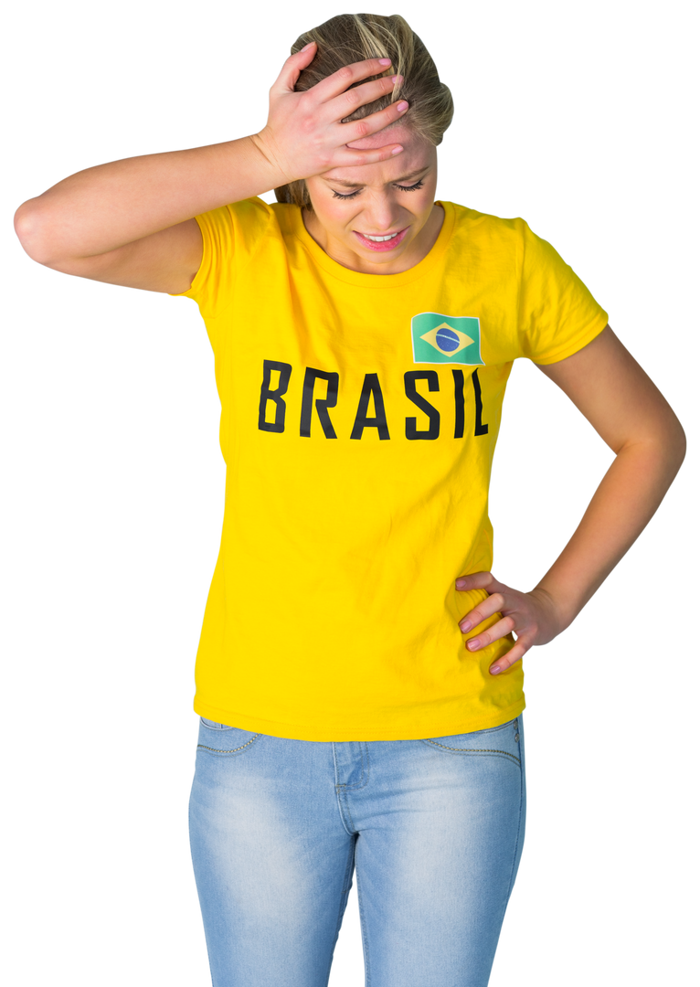 Disappointed Woman in Brasil T-shirt Using Hand on Head - Download Free Stock Images Pikwizard.com