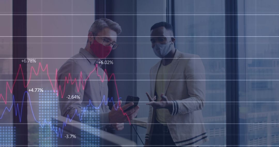 Businessmen Analyzing Financial Data with Digital Interface and Masks