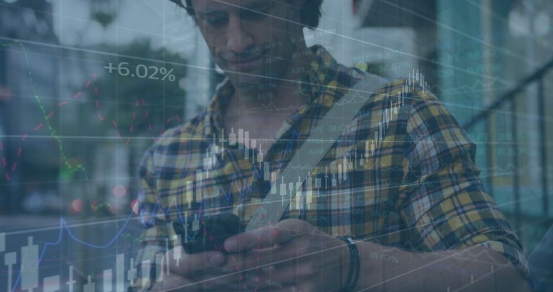 Man Using Smartphone with Financial Data Overlay in Urban Setting