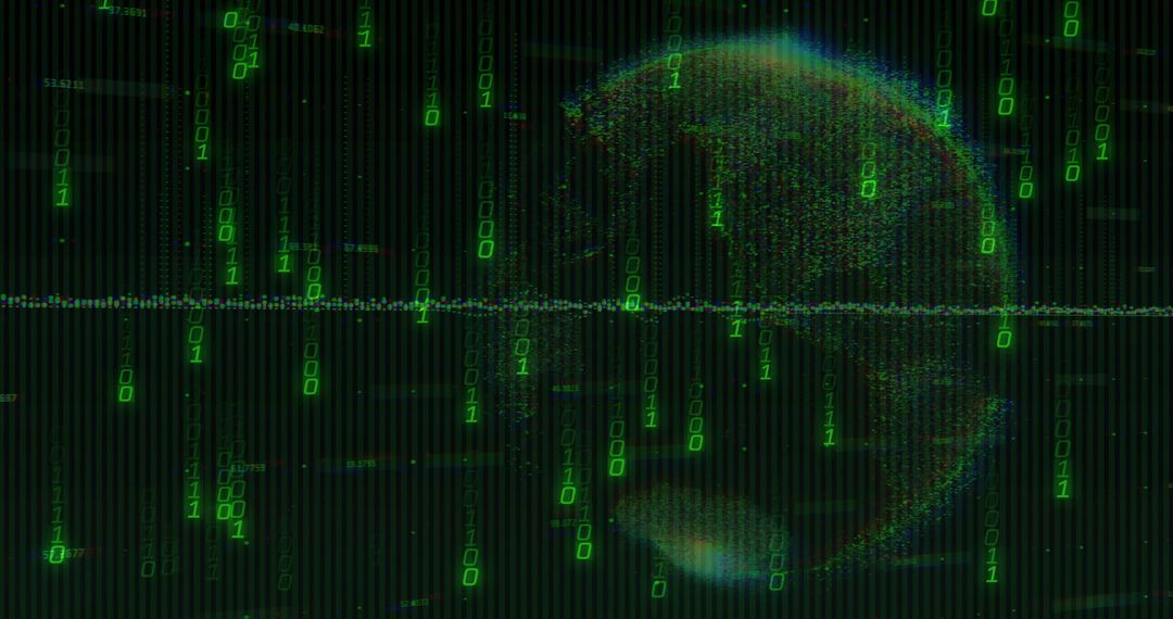 Glitch Neon Particle Globe Rotating with Green Binary Streams and Scanline Matrix Data