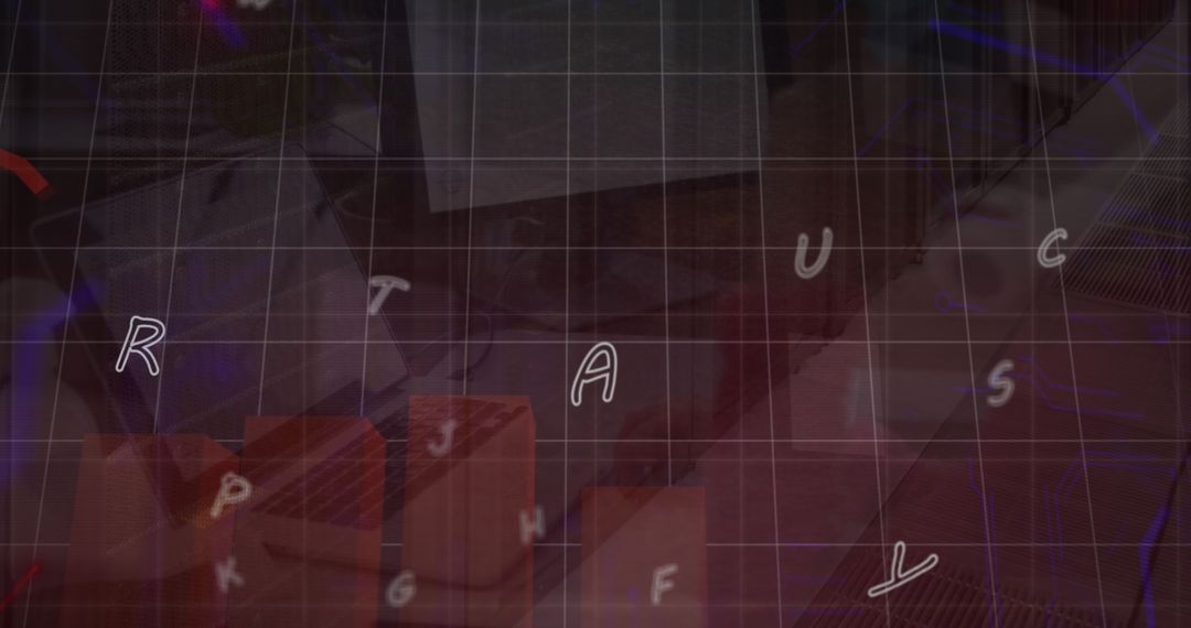 Futuristic Digital Grid with Floating Letters and Block Design