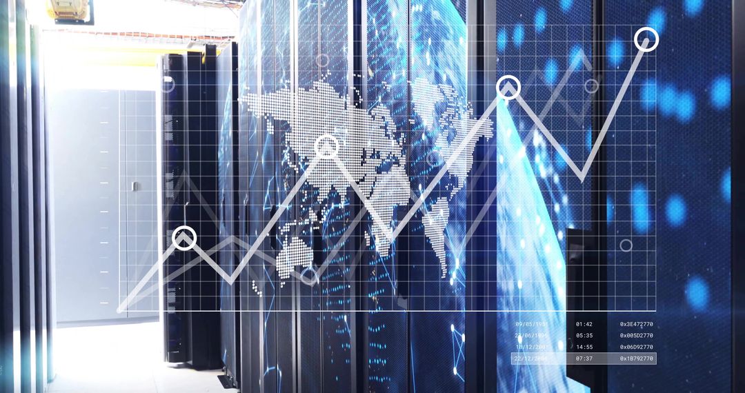 Futuristic Data Center with World Map and Graph Overlay