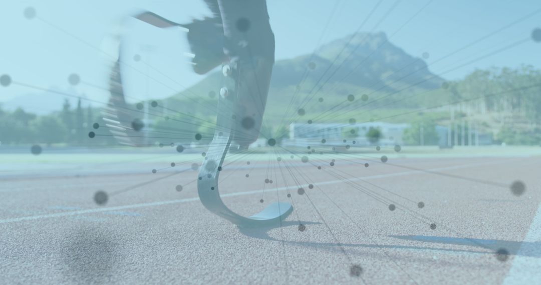 Disabled Athlete with Running Blades on Track with Digital Network Overlay