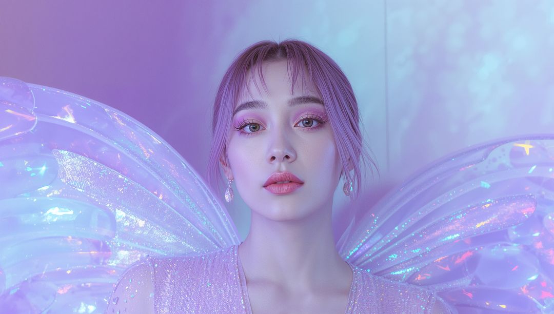 Ethereal Model with Holographic Wings in Pastel Fantasy Ambiance