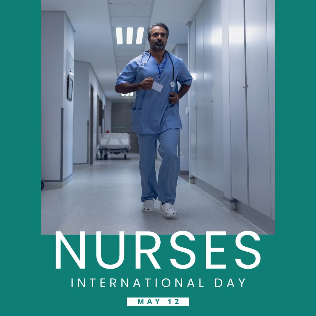 May 12 and international nurses day text over biracial male nurse running in hospital corridor - Download Free Stock Templates Pikwizard.com