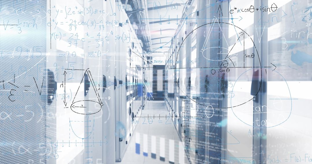 Mathematics Superimposed on Data Center Interior Representing Big Data
