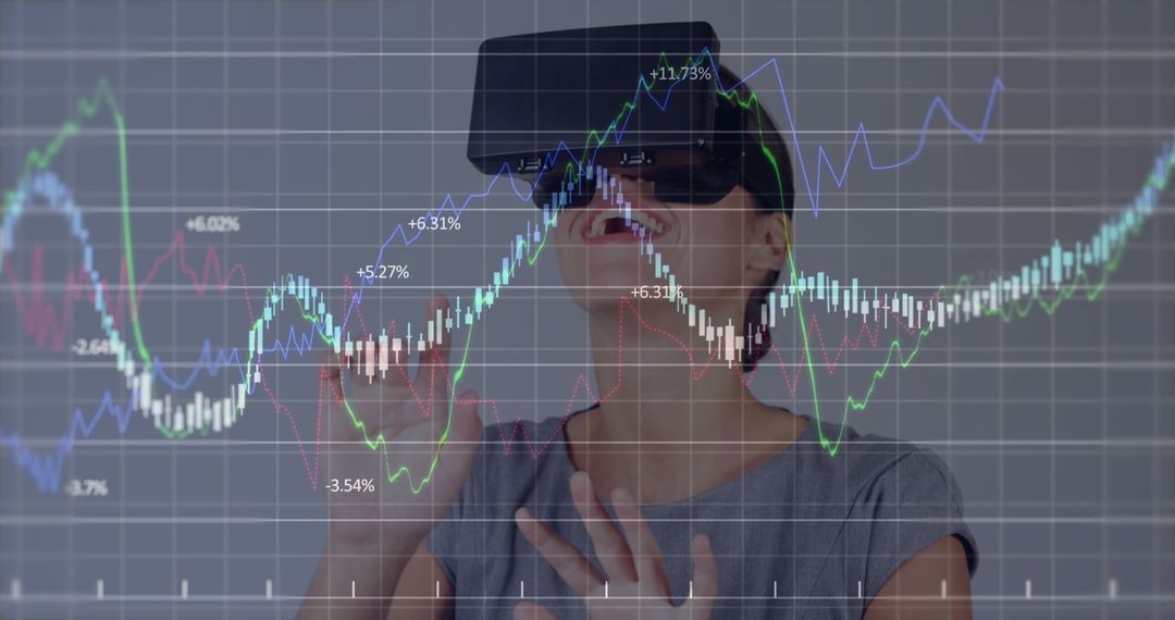 Businesswoman Using VR Headset Interacting with Financial Data Visualization
