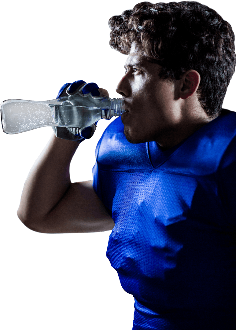 Athlete in Blue Jersey Drinking Water on Transparent Background