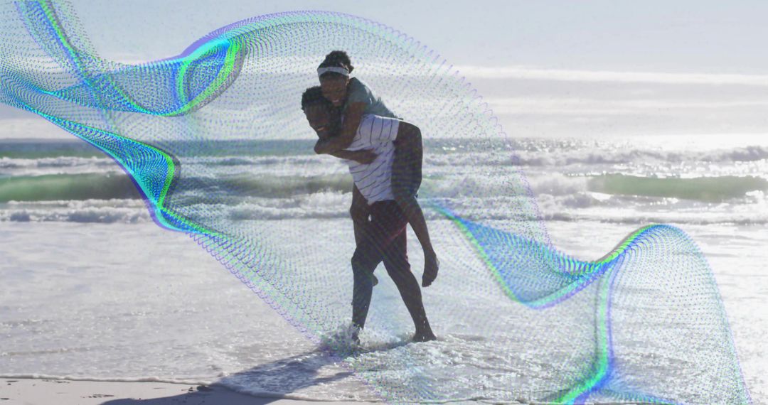 Couple Enjoying Beach Adventure with Creative Digital Overlay