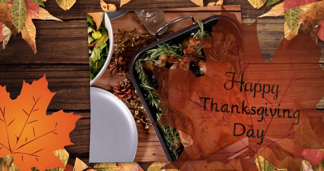 Thanksgiving Turkey Roast with Festive Message and Autumn Leaves