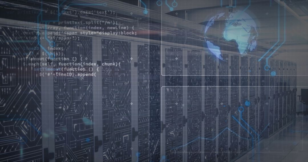 Data Center Server Racks Filled with Advanced Digital Overlays