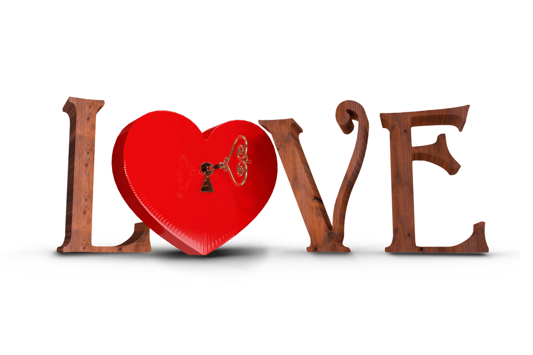 Transparent Love Text with Heart and Key Graphic