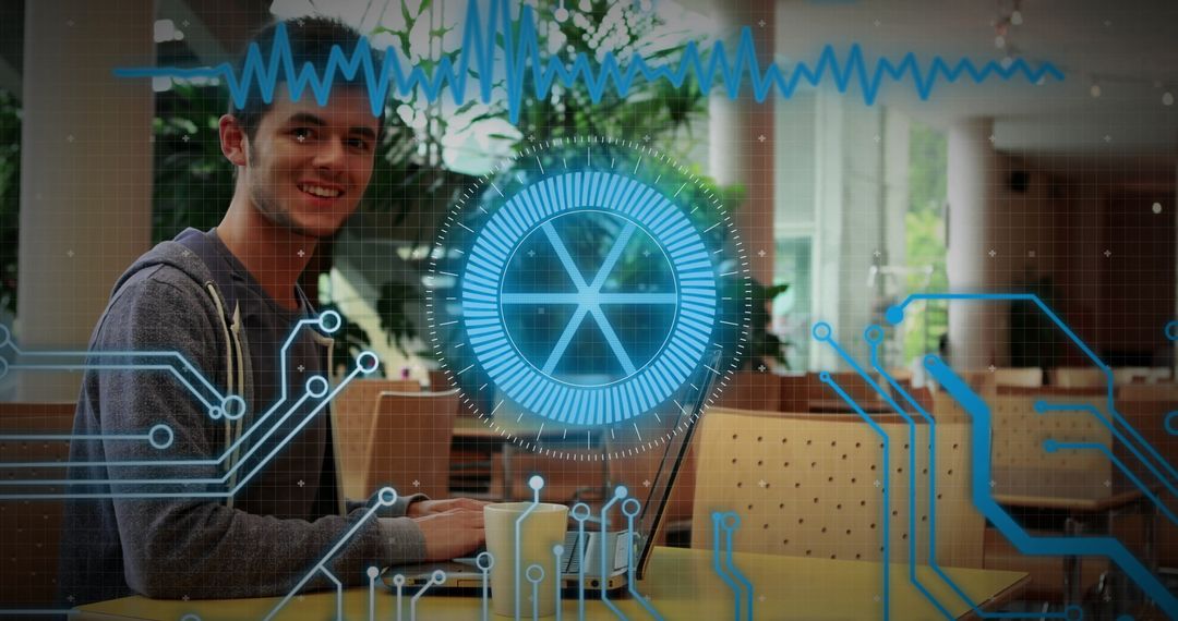 Young Professional Using Laptop with Futuristic Technology Overlay