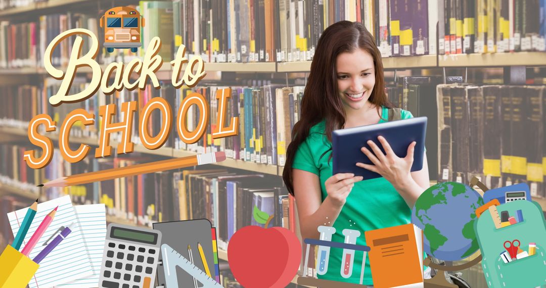 Student Smiling in Library with Tablet Back to School Theme