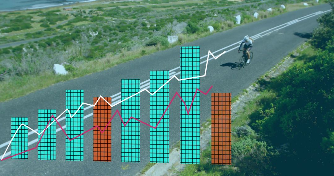 Cyclist Rides Coastal Road with Data Analytics Overlay