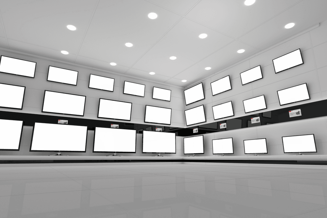 Electronics Retail Store Interior with Transparent TV Displays