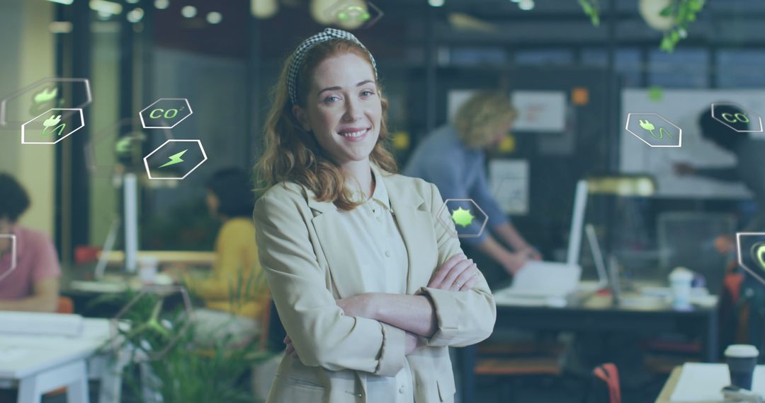 Smiling Professional Interacting with Eco-friendly Concepts in Office Workspace