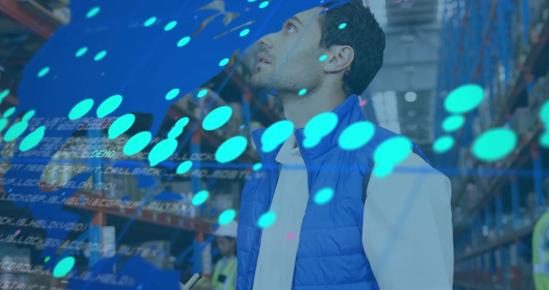 Warehouse Worker Using Technology for Inventory Management with Digital Overlay