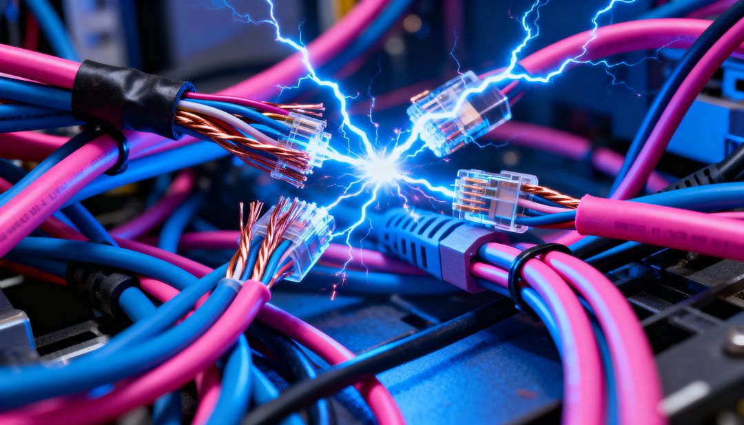 Sparking Network Cables Creating Blue Electric Arc with Exposed Copper and RJ45 Connectors