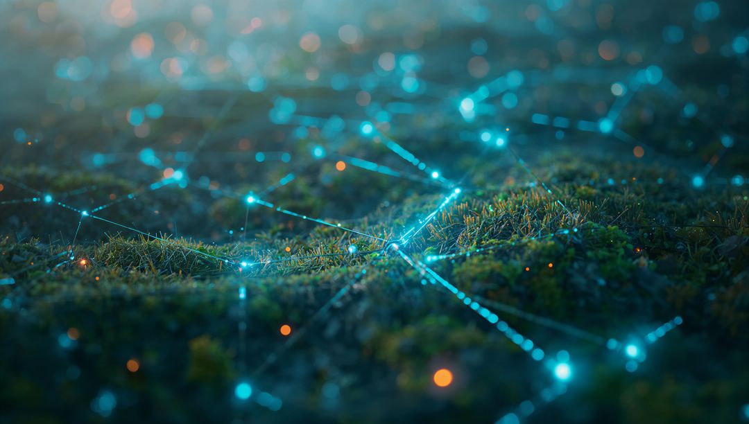 Bioluminescent Network Over Mossy Terrain Representing Connectivity