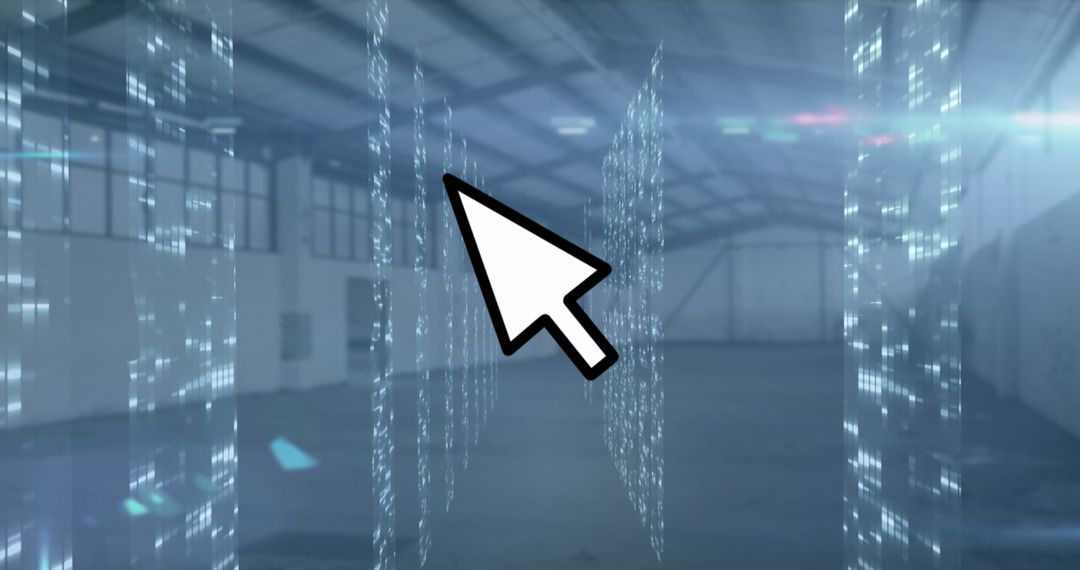 Futuristic Digital Interface with Cursor Icon in Warehouse