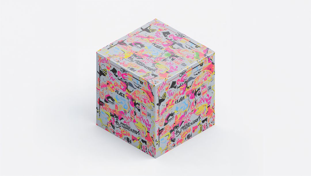 Neon Graffiti Cardboard Cube Displaying Multicolor Street Art Pattern for Packaging Mockup
