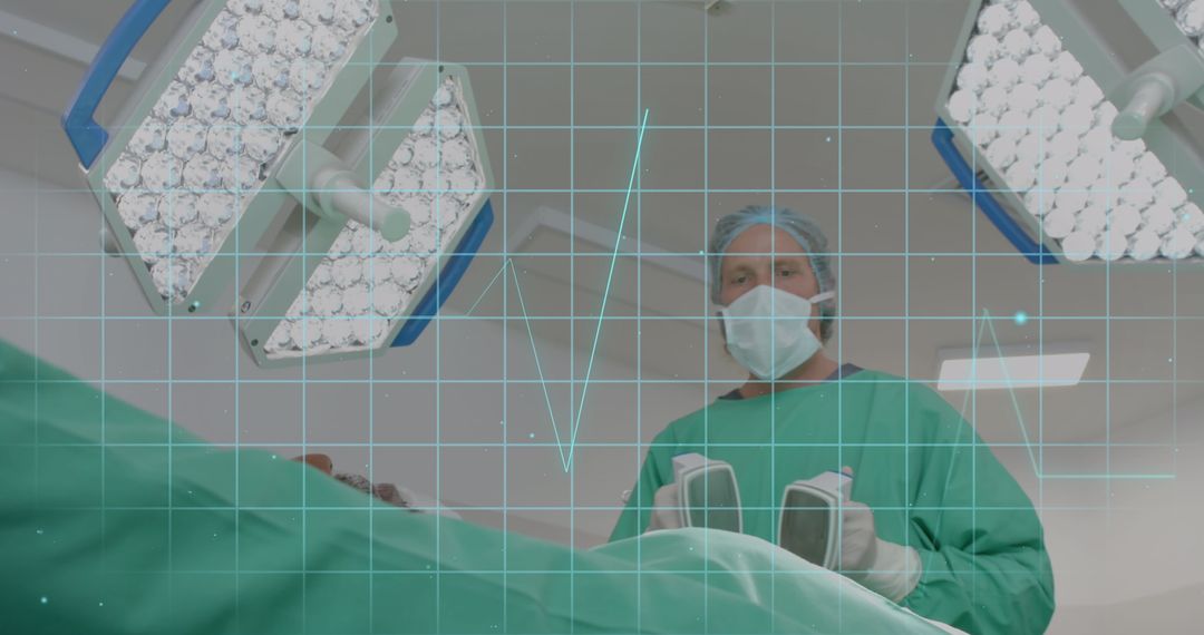 Surgeon Holding Defibrillator in Operating Room with Data Overlay