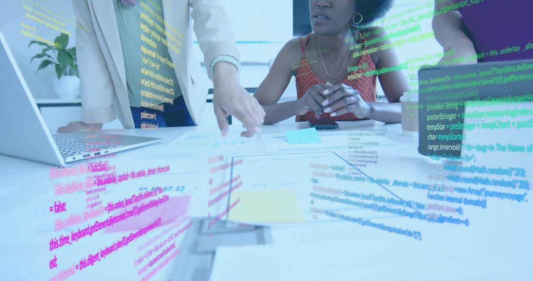 Diverse Businesswomen Analyzing Financial Data with Technology Overlay