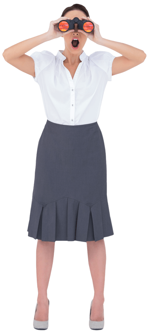 Elegant Businesswoman Shocked While Using Binoculars on Transparent Background