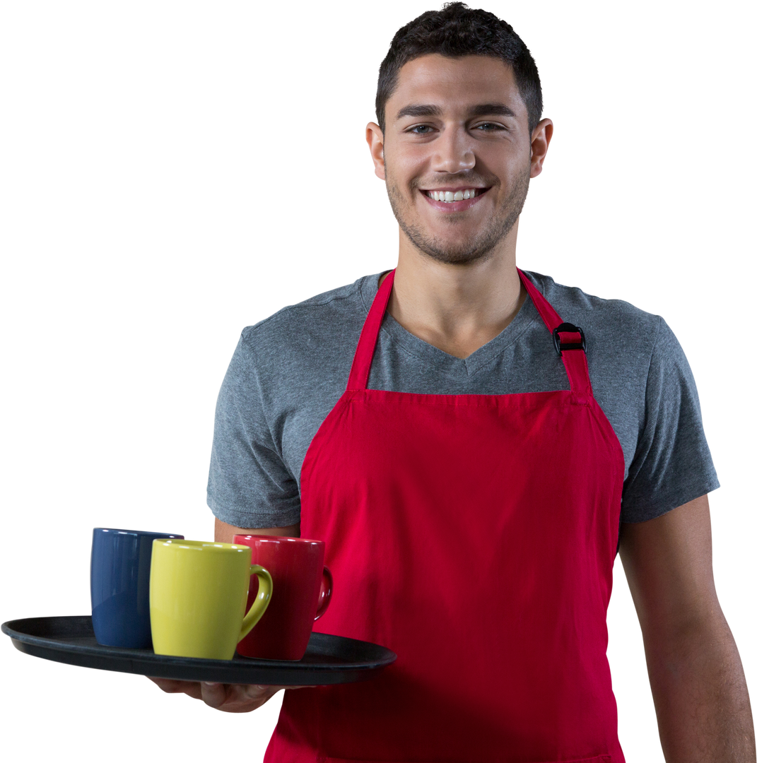 Smiling Waiter with Colorful Mugs on Transparent Background - Download Free Stock Images Pikwizard.com