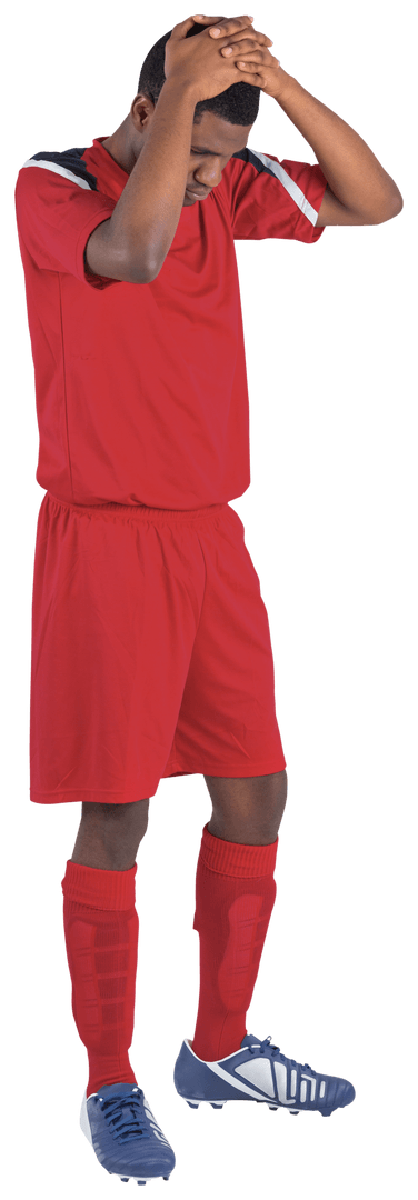 Disappointed African American Soccer Player in Red Negotiating Setback