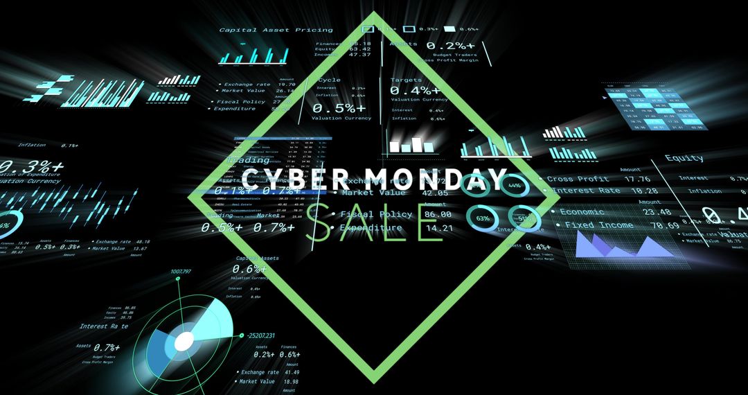 Glowing Lime-Green Diamond Frame Displaying CYBER MONDAY SALE Over Futuristic Holographic Data HUD