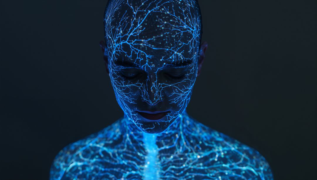 Neon Neural Network Bodypaint on Bald Female-Presenting Portrait Futuristic Biotech Glow