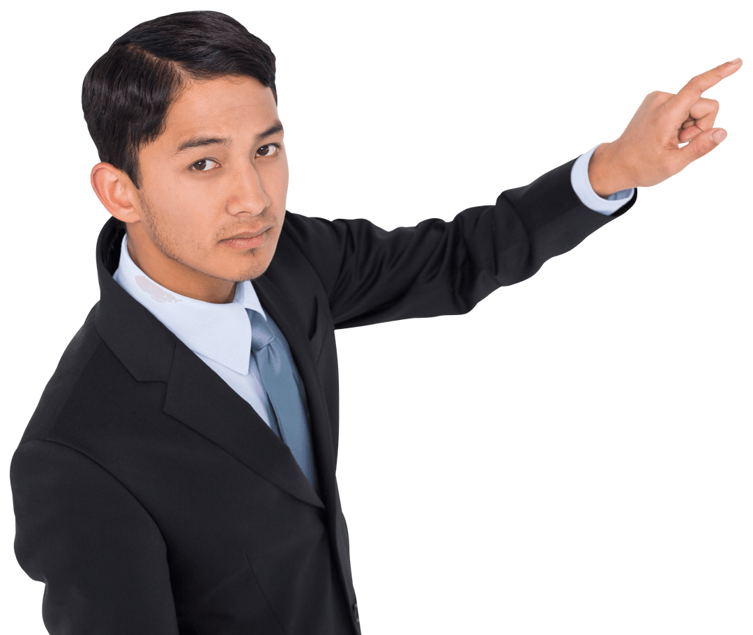 Confident Caucasian Businessman Pointing on Transparent Background