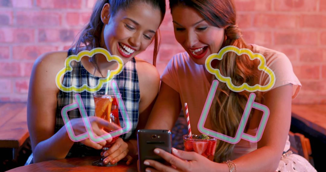 Happy Friends Enjoying Drinks and Social Media