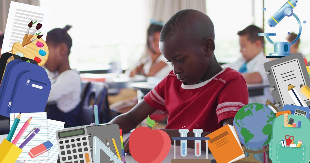 Focused Schoolchildren Surrounded by Educational Icons in Classroom