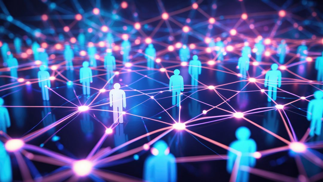 Futuristic Neon Network with Glowing Human Silhouettes