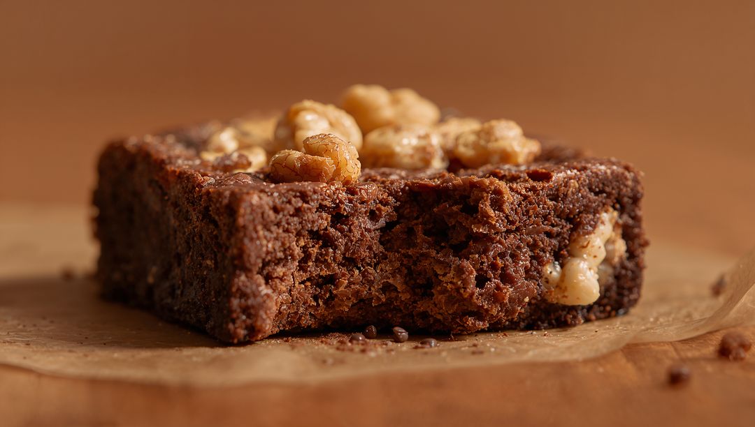 Chocolate Brownie Square Showing Moist Interior with Walnut Topping and Rustic Crumbs