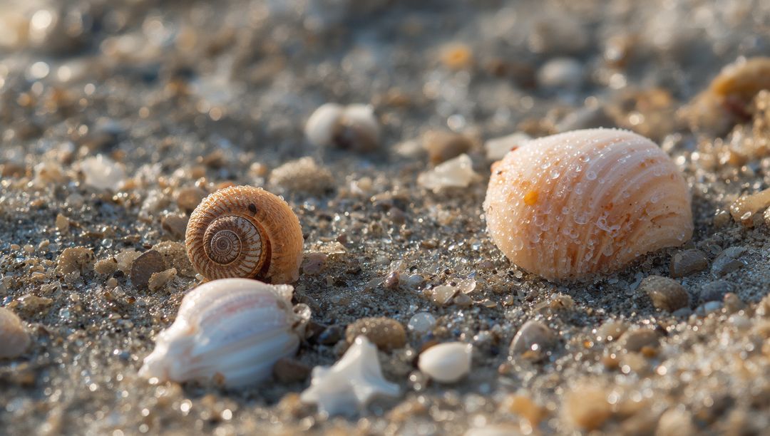 Glistening close-up wet sea shells on sandy shoreline with water droplets macro texture