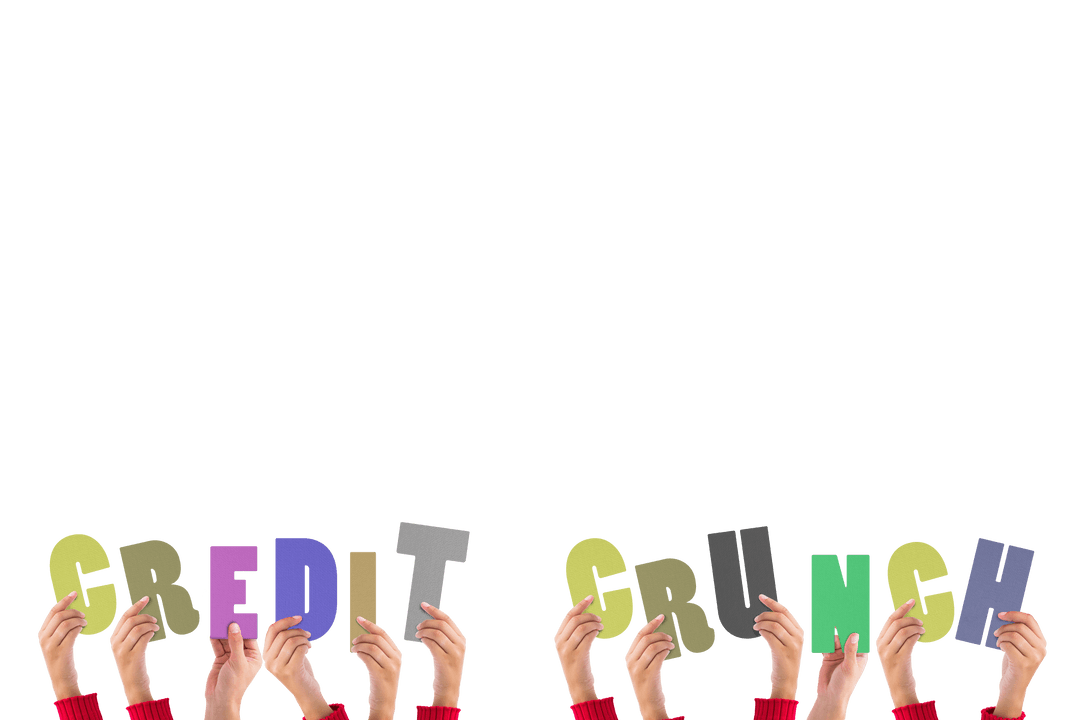 Hands Raising Colorful Transparent Letters on Credit Crunch Word