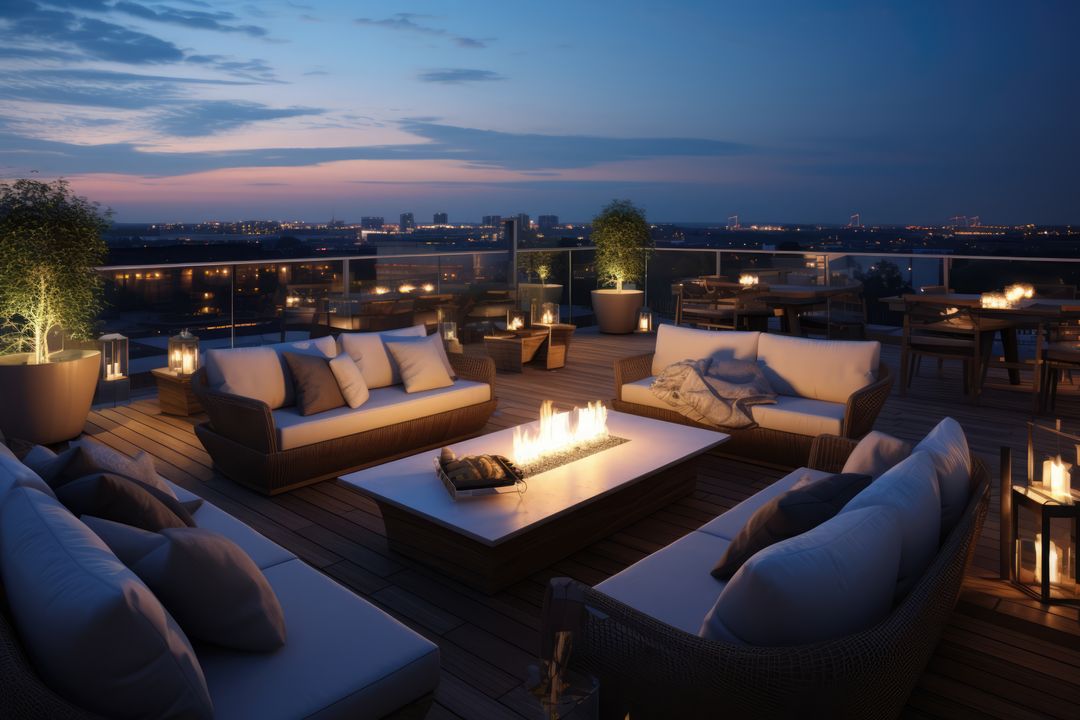 Luxurious Rooftop Lounge with Modern Fire Pit at Night - Free Images, Stock Photos and Pictures on Pikwizard.com