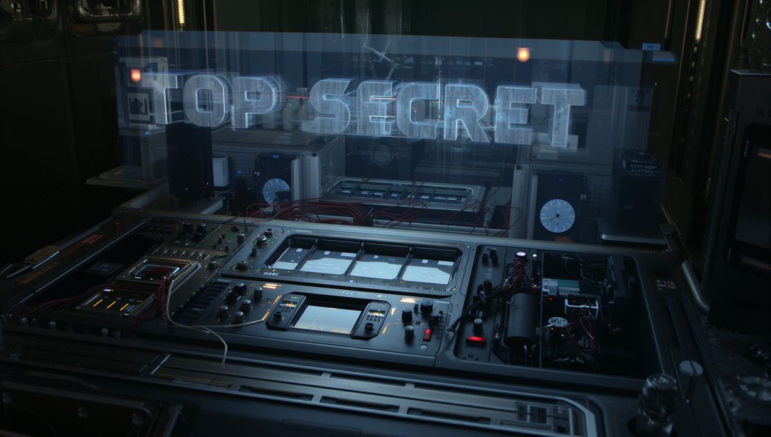 Projecting holographic TOP SECRET over rugged electronic console in secure lab