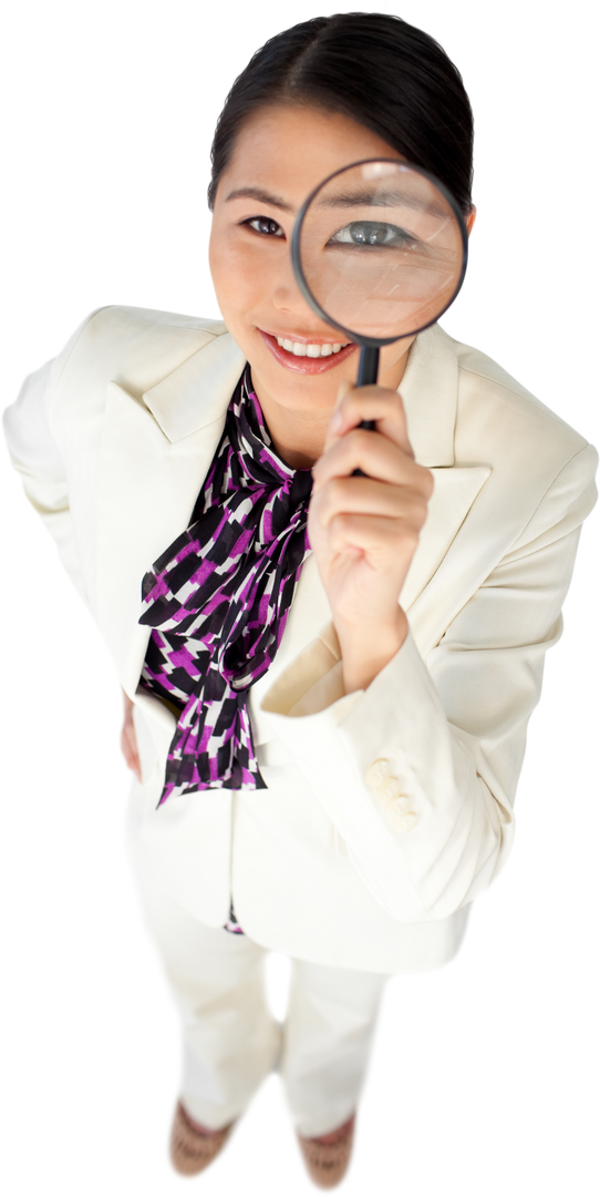 Confident Businesswoman in White Suit Holding Transparent Magnifying Glass - Download Free Stock Images Pikwizard.com