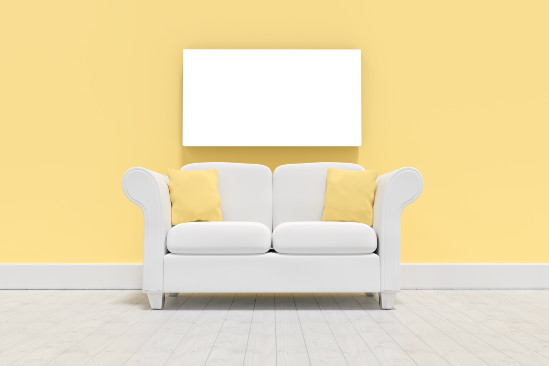 Empty White Couch and Blank TV Frame Against Transparent Yellow Wall - Download Free Stock Images Pikwizard.com