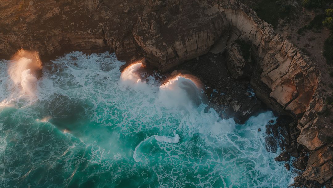 Crashing Teal Surf Hitting Steep Sandstone Cliff with Sunlit Spray Arches at Golden Hour